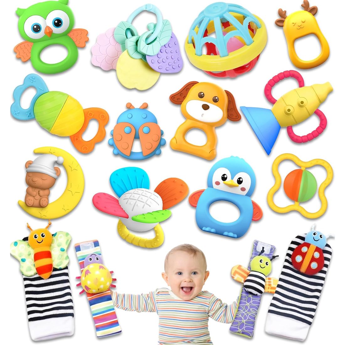 AZEN Baby Rattle & Teether Toy Set, 16 Pack