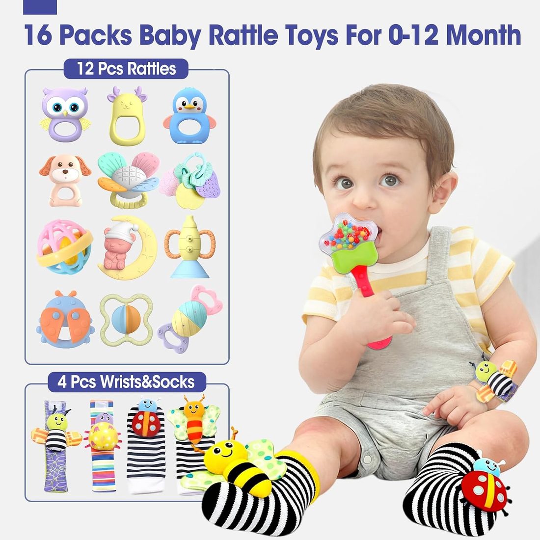 AZEN Baby Rattle & Teether Toy Set, Pink · 16 Pack, view 2