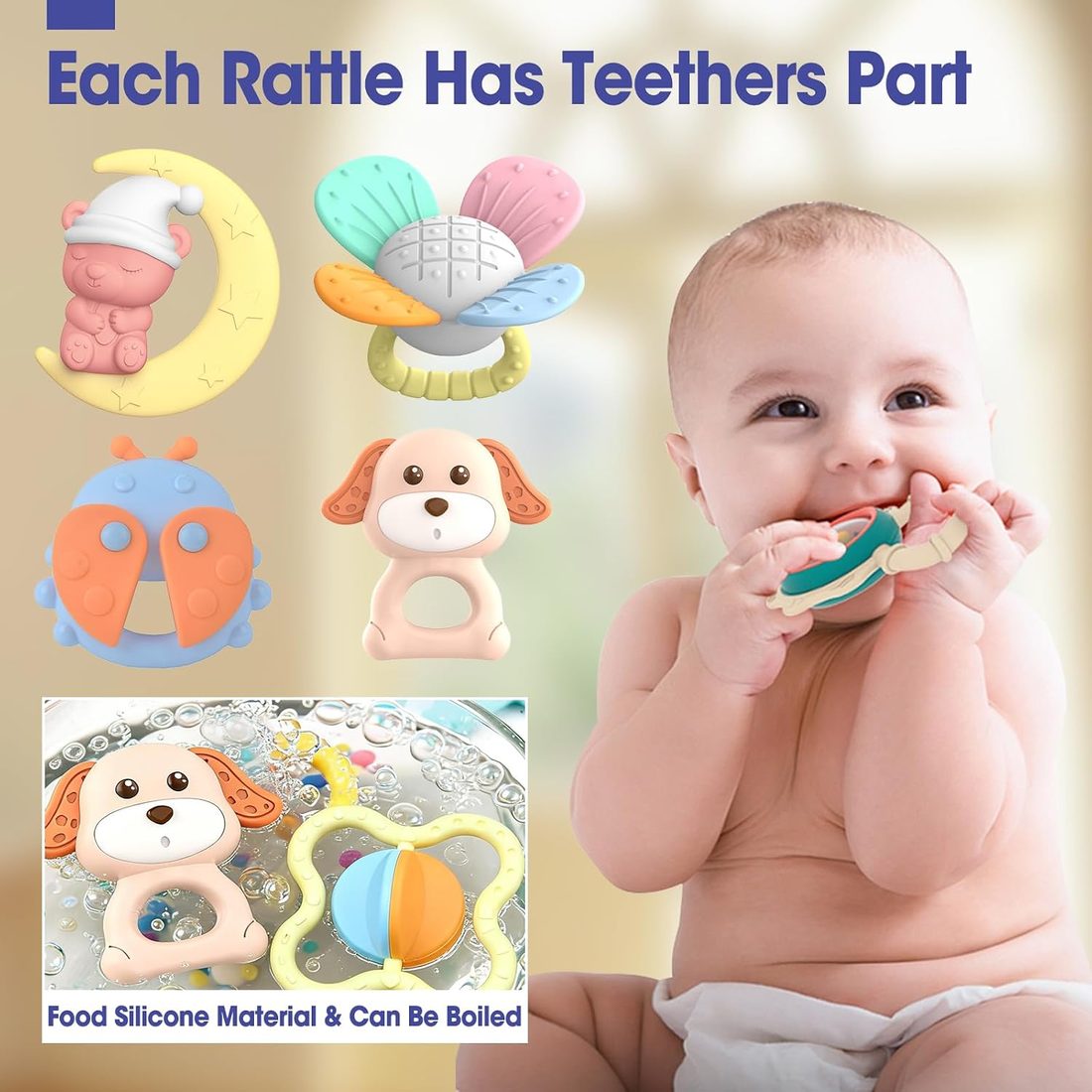 AZEN Baby Rattle & Teether Toy Set, Pink · 16 Pack, view 3