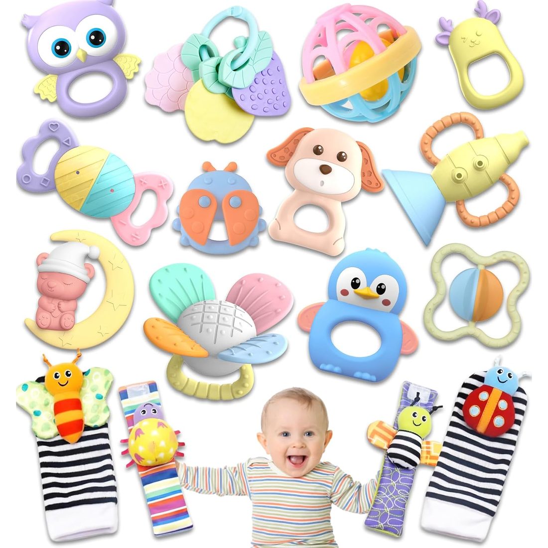 AZEN Baby Rattle & Teether Toy Set, Pink · 16 Pack