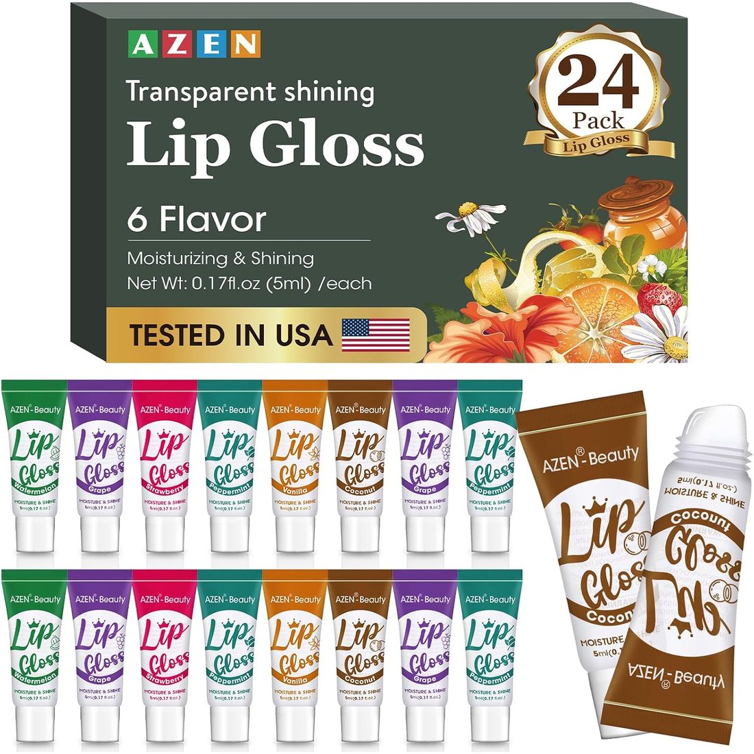 AZEN Clear Lip Gloss, 6 Flavors · 24 Pack