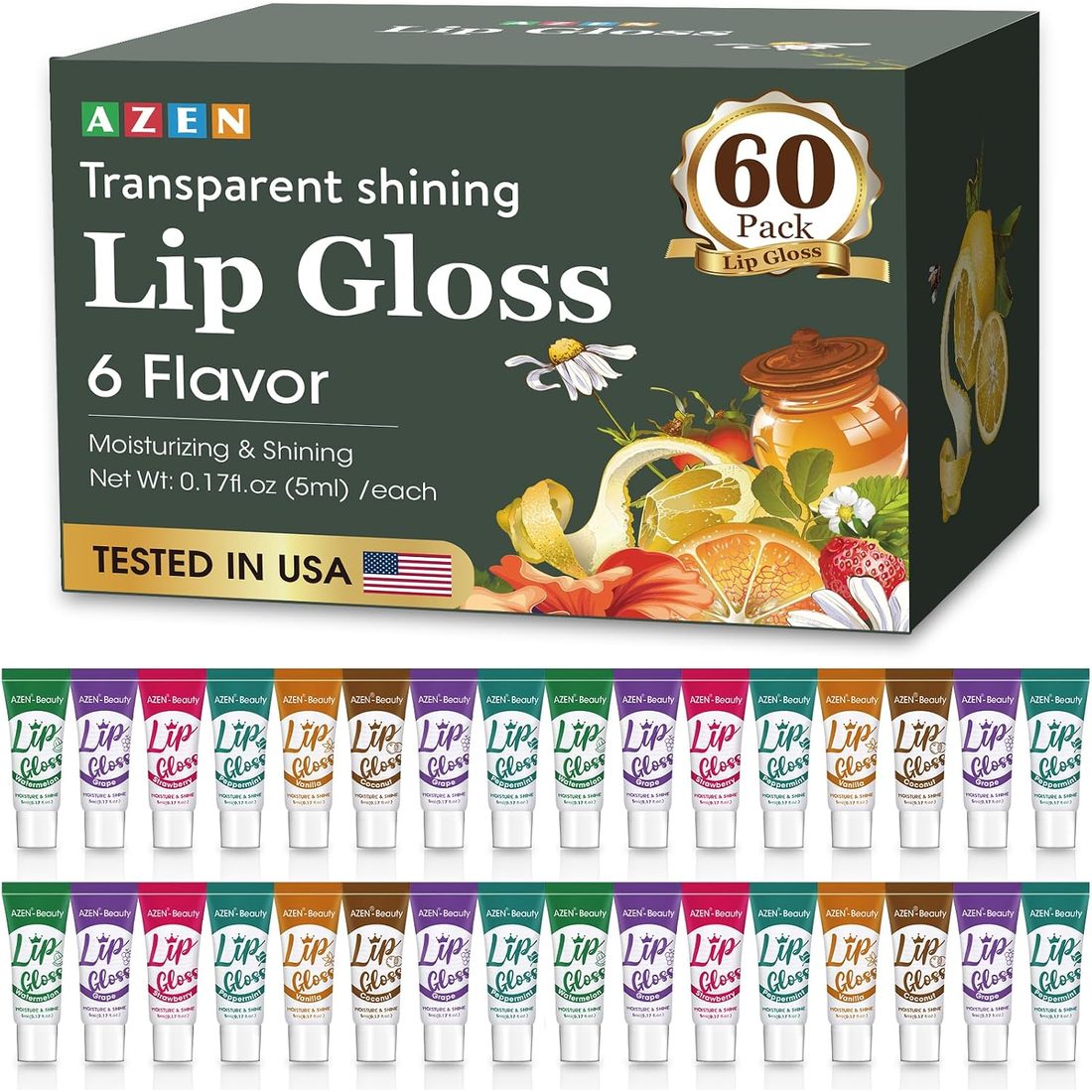AZEN Clear Lip Gloss, 6 Flavors · 60 Pack