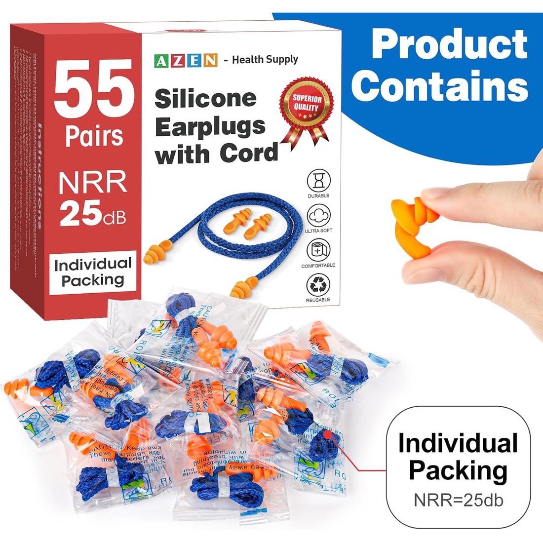 AZEN Corded Silicone Ear Plugs, 55 Pairs, view 2