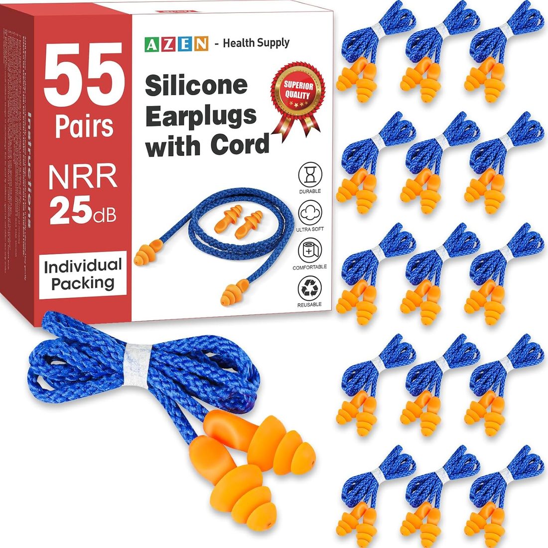 AZEN Corded Silicone Ear Plugs, 55 Pairs