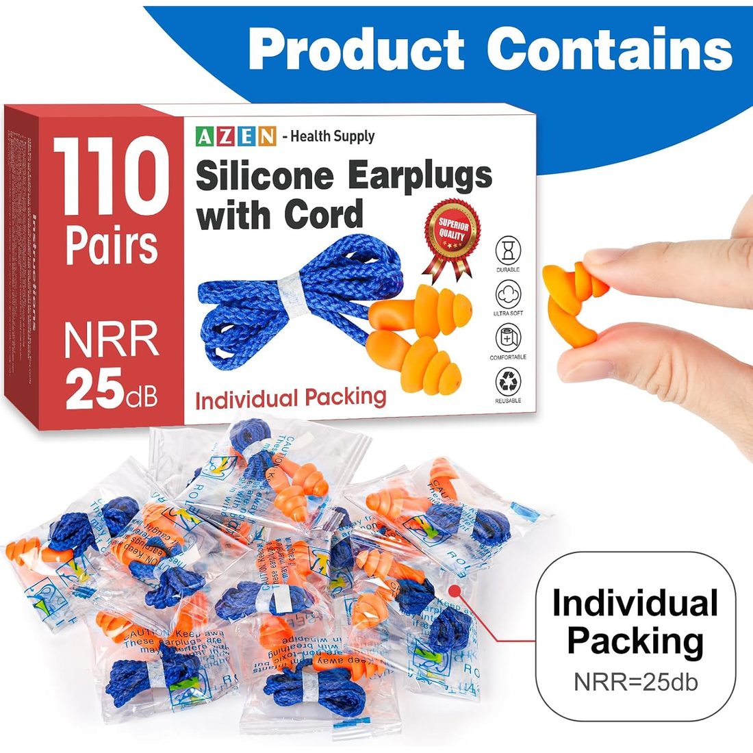 AZEN Corded Silicone Earplugs, NRR 25 dB · 110 Pairs, view 2