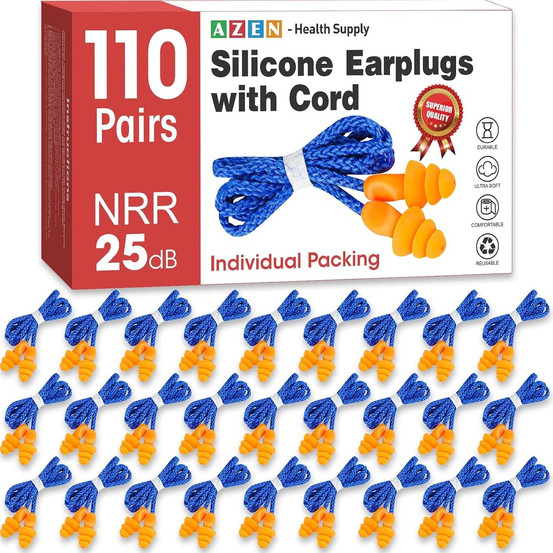 AZEN Corded Silicone Earplugs, NRR 25 dB · 110 Pairs