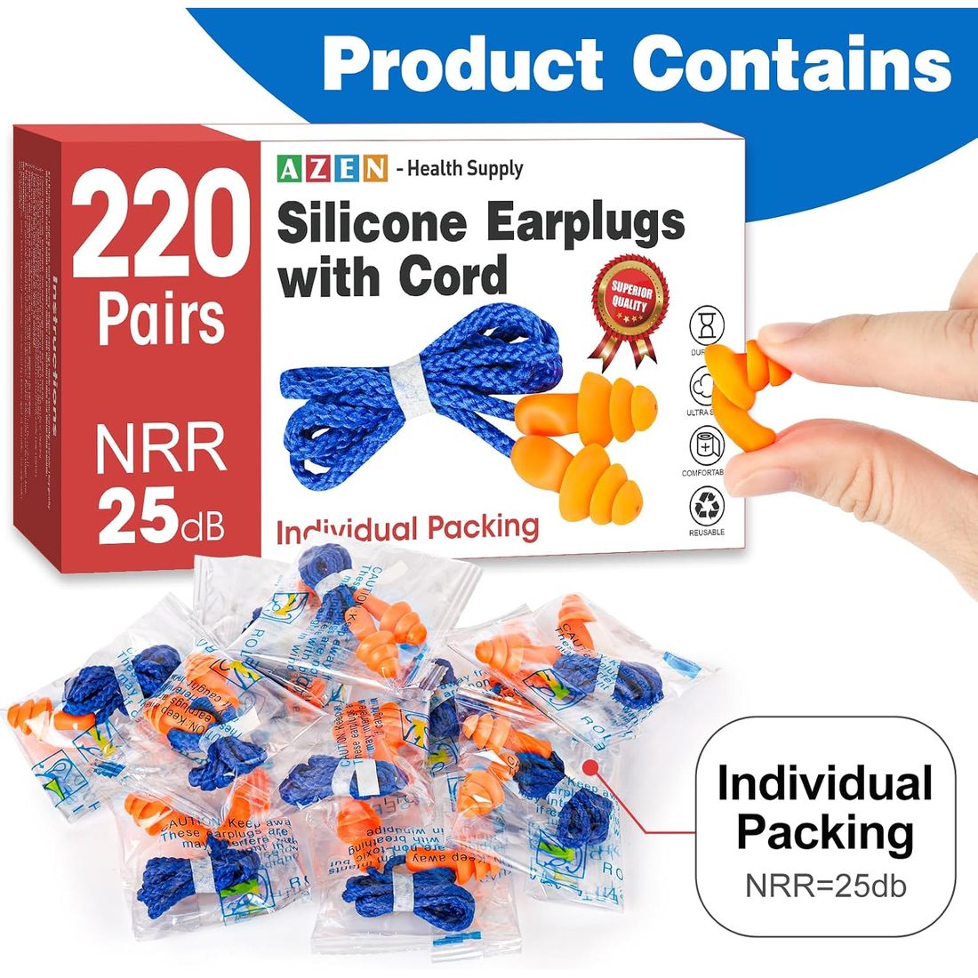 AZEN Corded Silicone Earplugs, NRR 25 dB · 220 Pairs, view 2