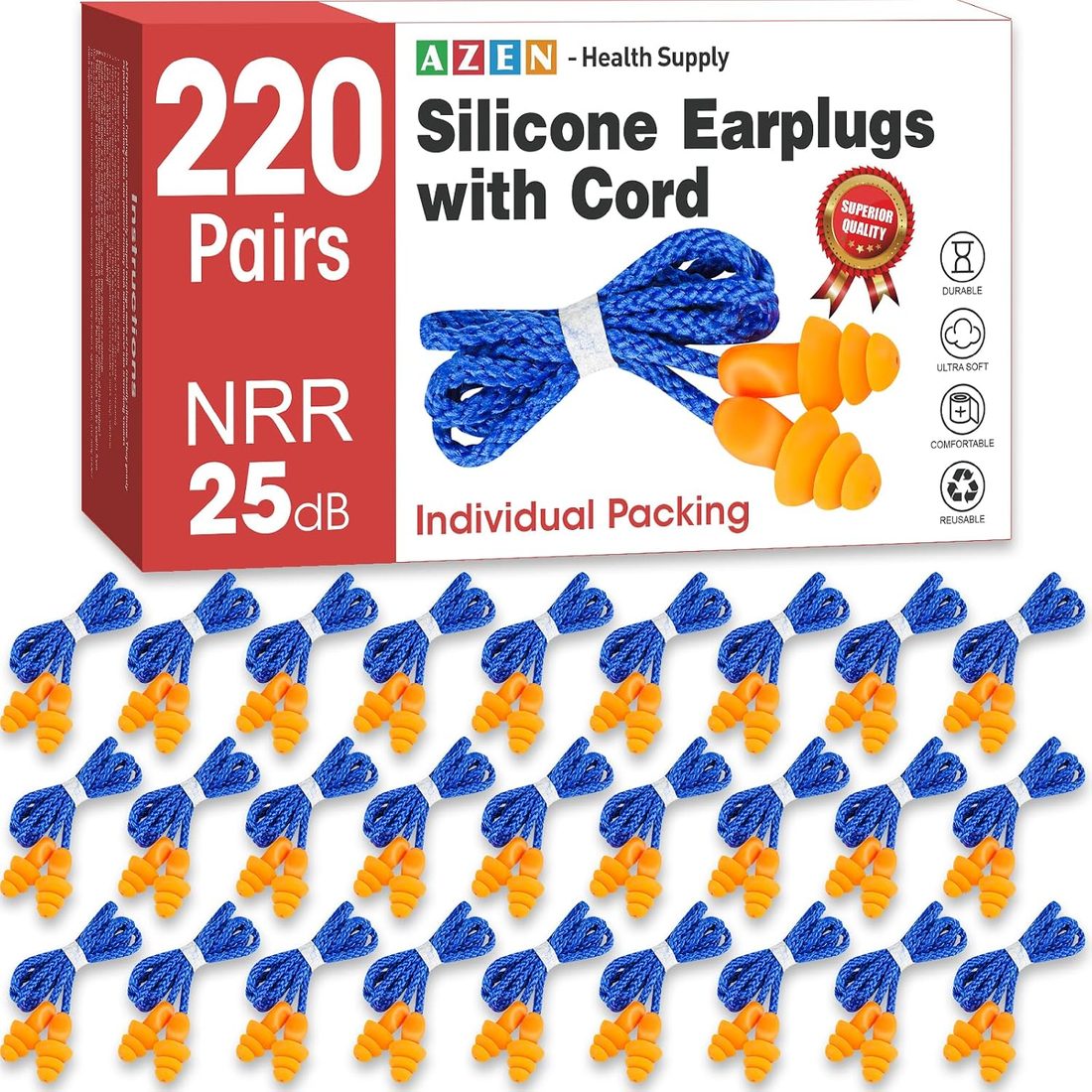 AZEN Corded Silicone Earplugs, NRR 25 dB · 220 Pairs