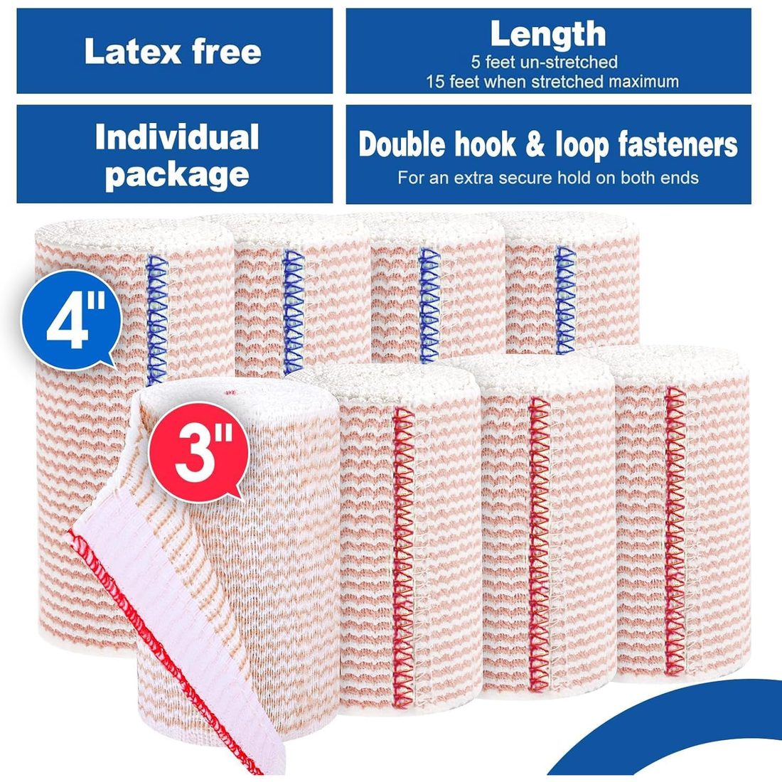 AZEN Elastic Bandage Wrap, 3 in & 4 in · 8 Pack, view 2