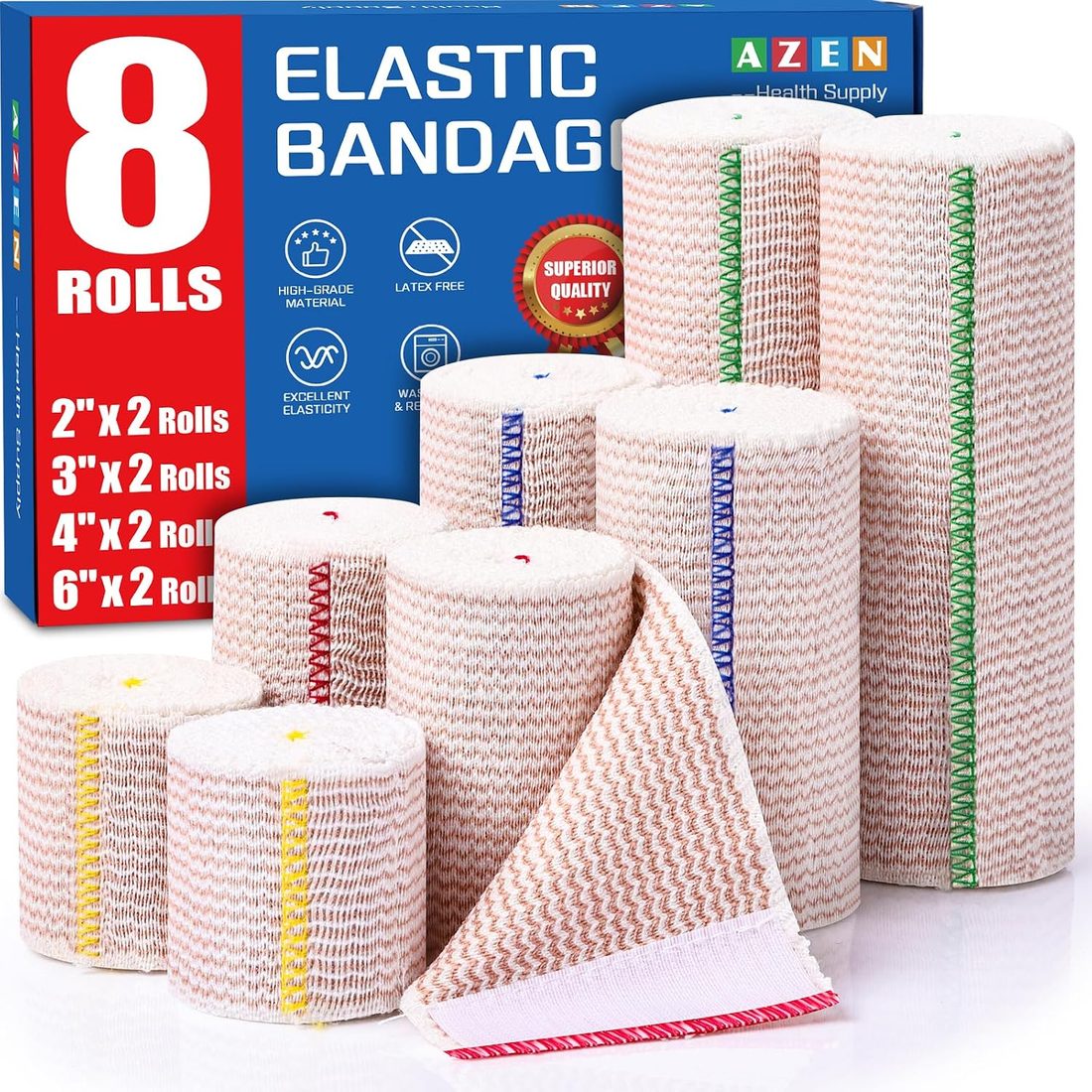 AZEN Elastic Bandage Wrap, Mixed Widths · 8 Pack