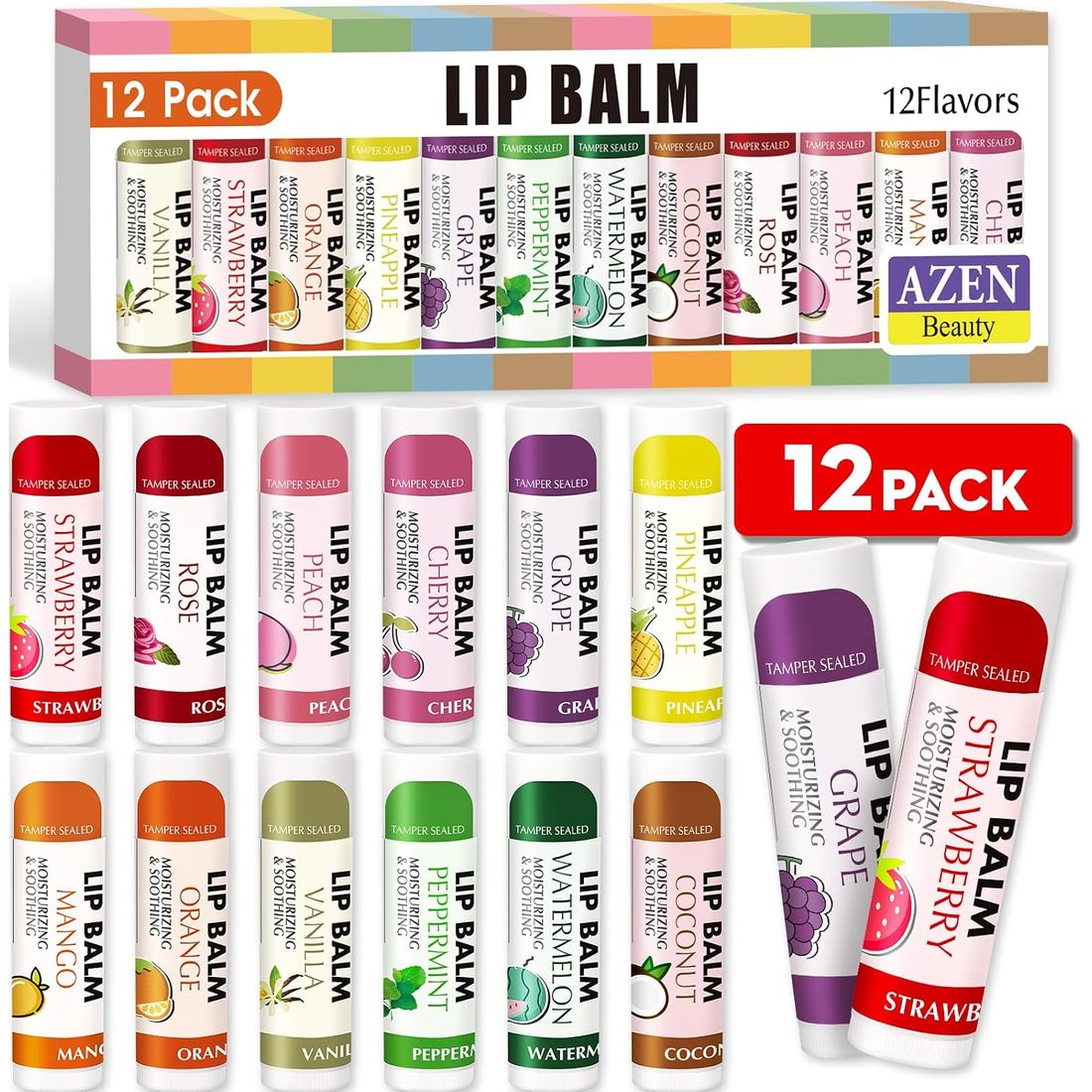 AZEN Flavored Lip Balm, 12 Pack