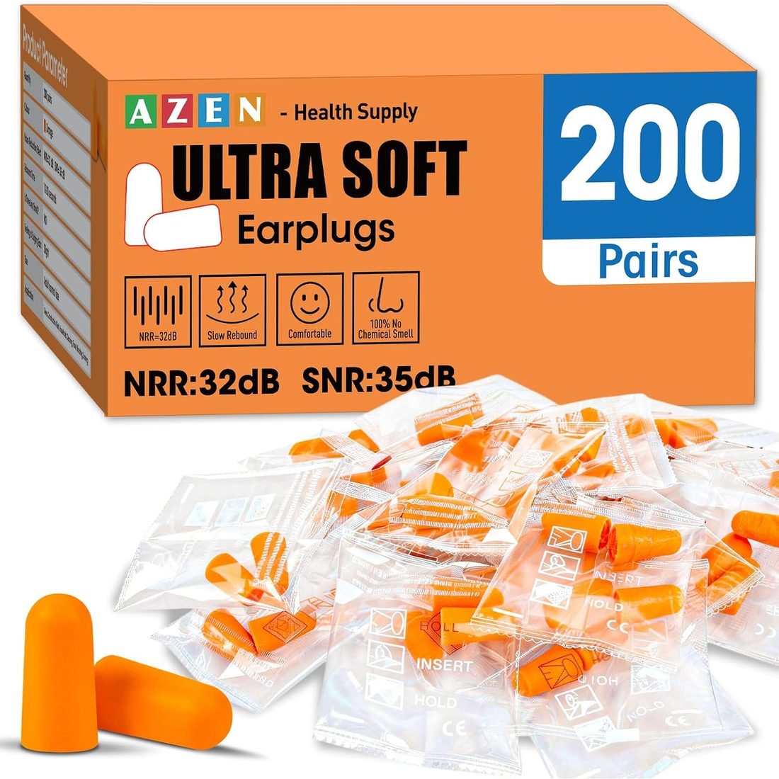 AZEN Foam Ear Plugs, 200 Pairs, Orange