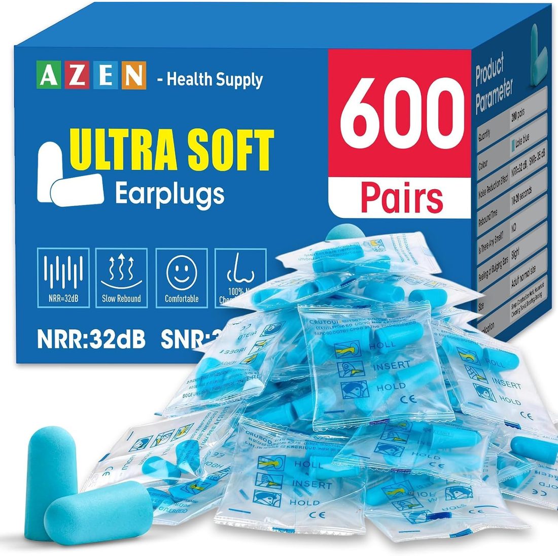 AZEN Foam Ear Plugs, 600 Pairs, Lake Blue