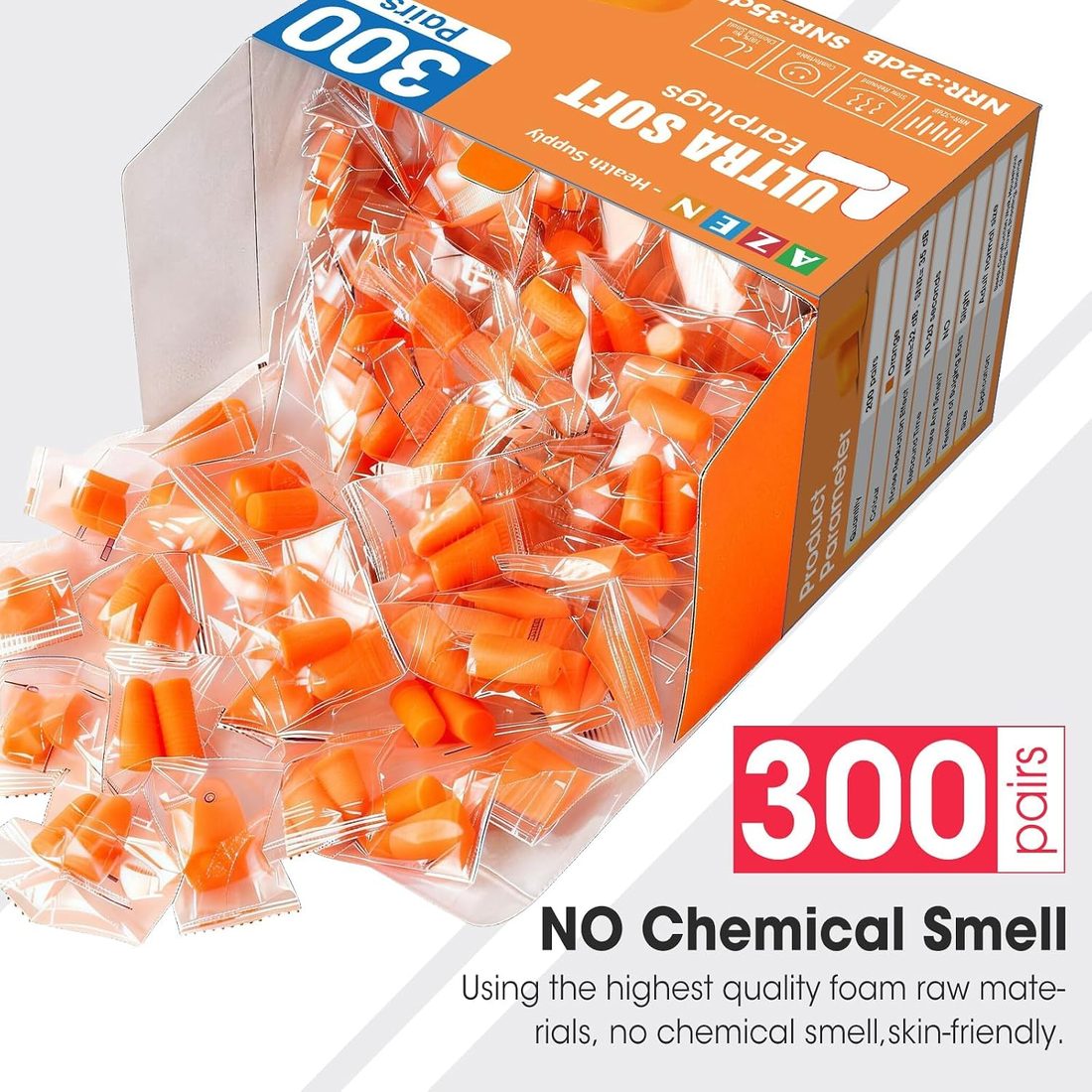 AZEN Foam Earplugs, NRR 32 dB Orange · 300 Pairs, view 6