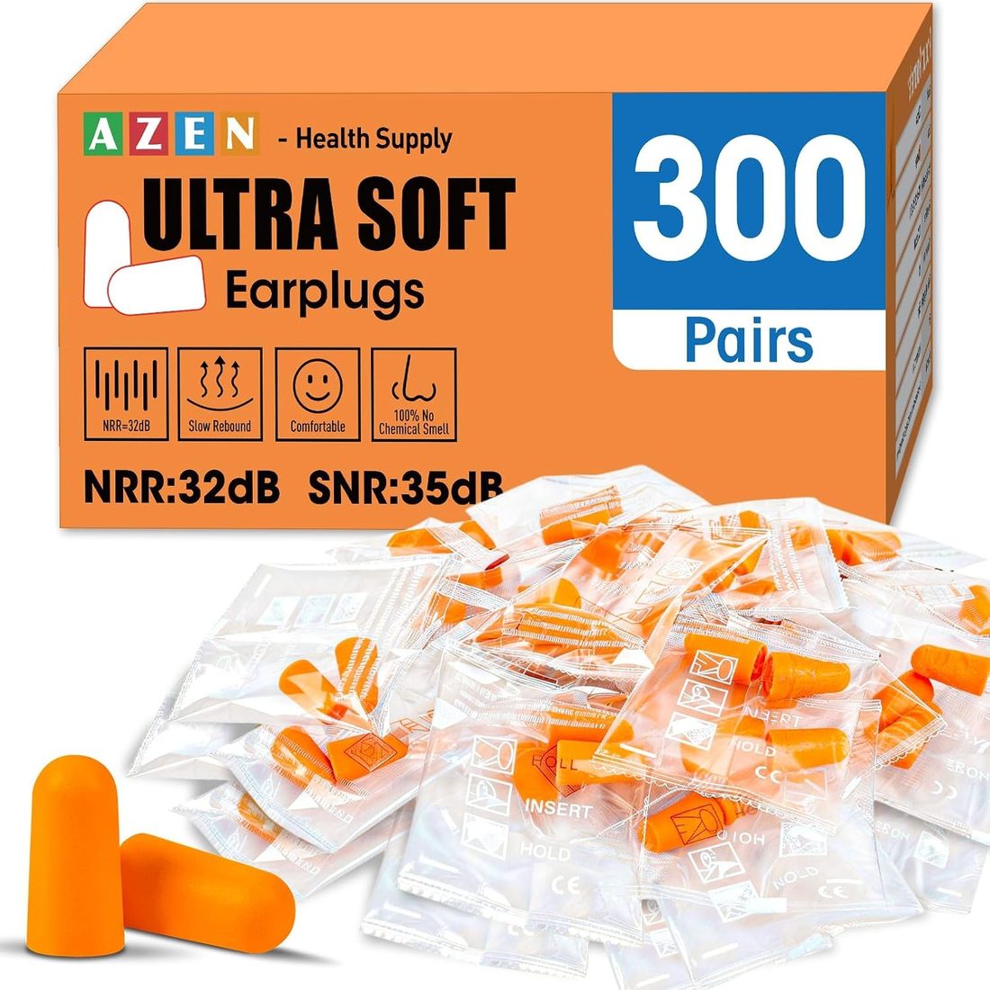 AZEN Foam Earplugs, NRR 32 dB Orange · 300 Pairs