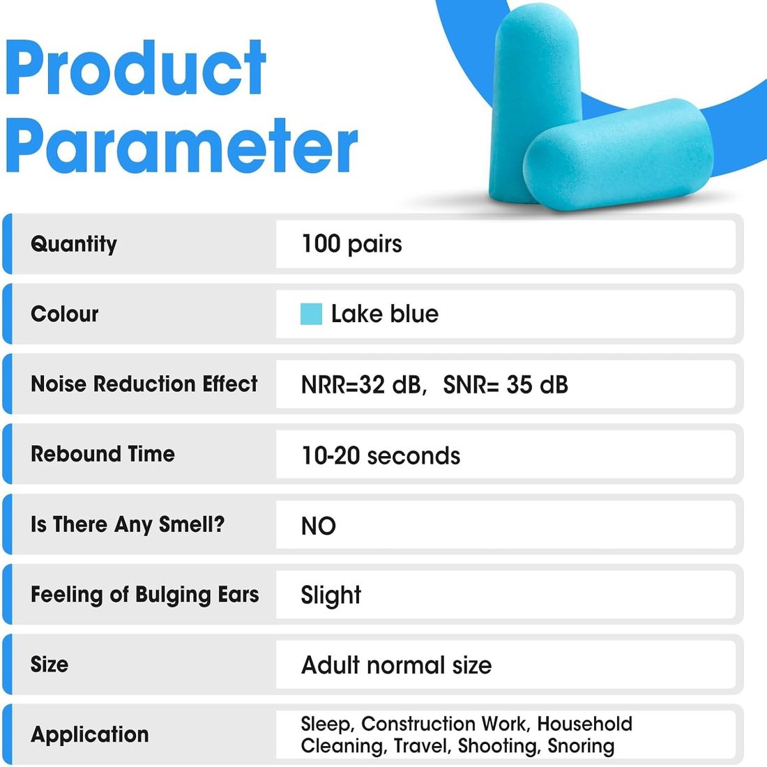 AZEN Foam Earplugs, NRR 32 dB · 100 Pairs · Lake Blue, view 6