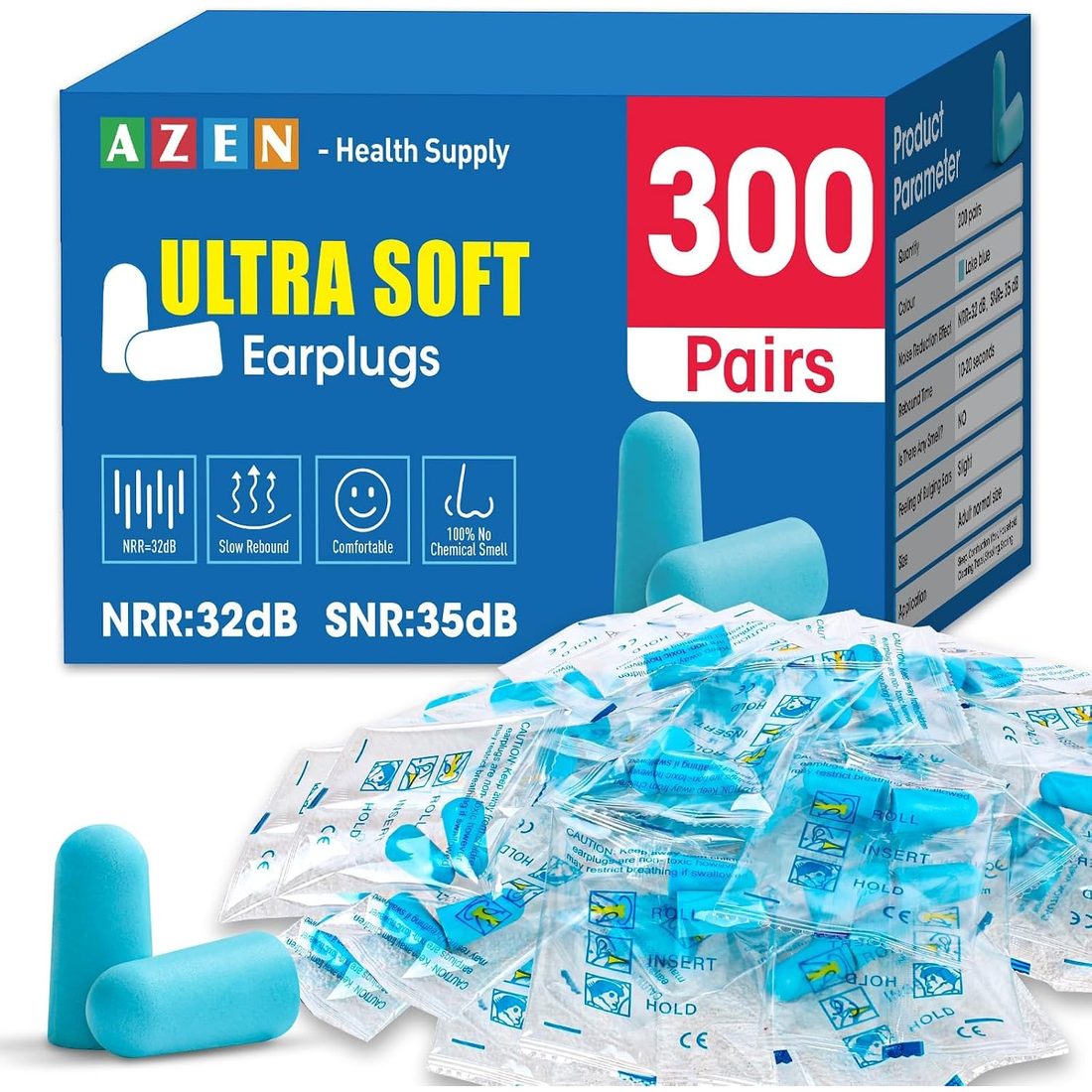 AZEN Foam Earplugs, NRR 32 dB · 300 Pairs · Individually Wrapped