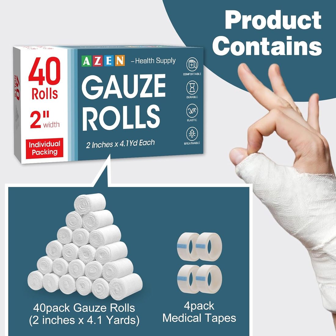 AZEN Gauze Bandage Rolls, 2 in · 40 Pack with Tape, view 2