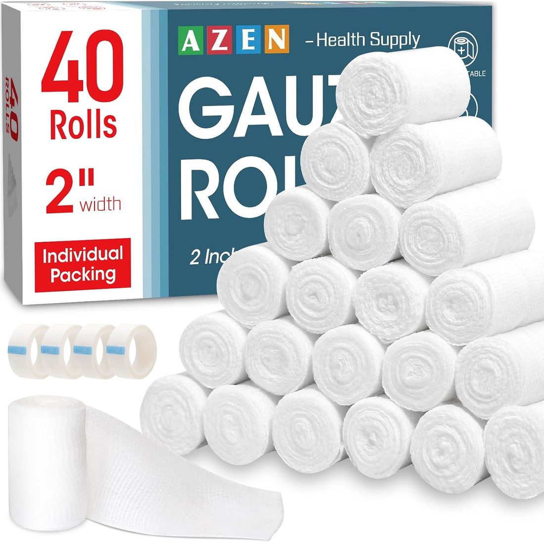 AZEN Gauze Bandage Rolls, 2 in · 40 Pack with Tape