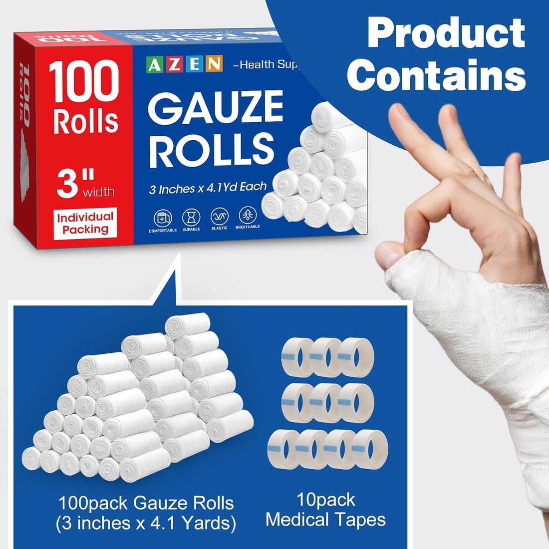 AZEN Gauze Bandage Rolls, 3 in · 100 Pack, view 2