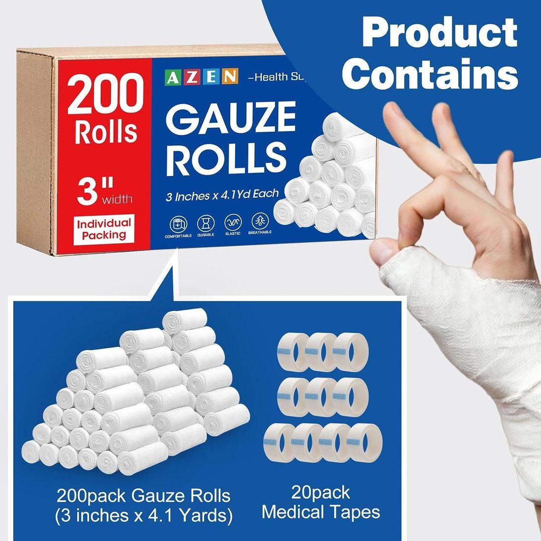 AZEN Gauze Bandage Rolls, 3 in × 4.1 yd · 200 Pack, view 2