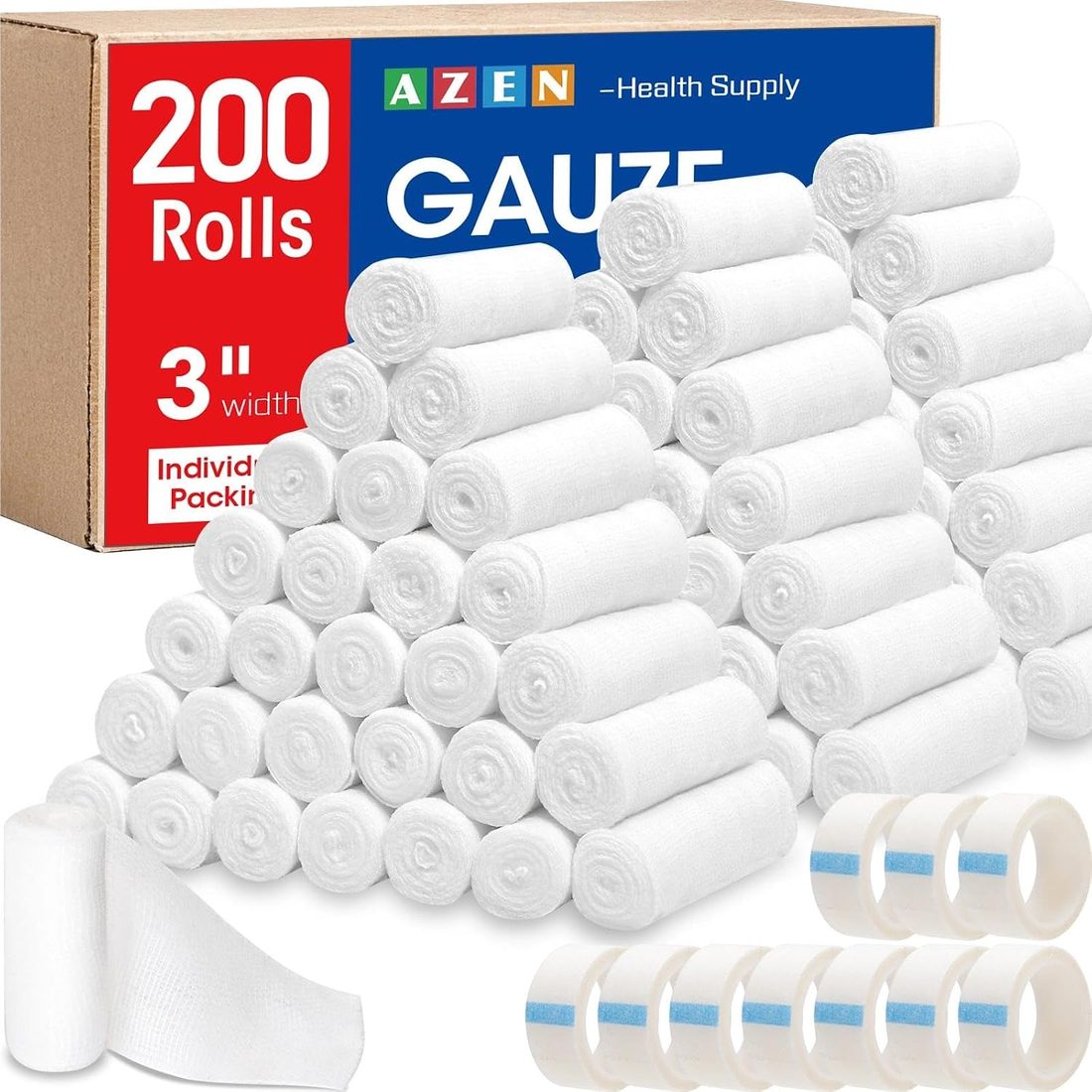 AZEN Gauze Bandage Rolls, 3 in × 4.1 yd · 200 Pack