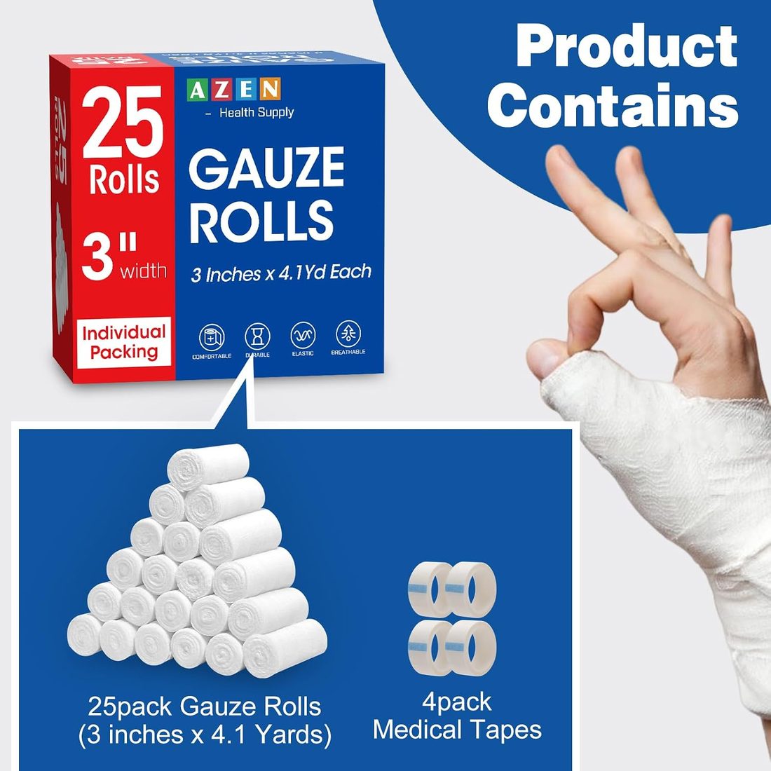 AZEN Gauze Bandage Rolls, 3 in · 25 Pack, view 3