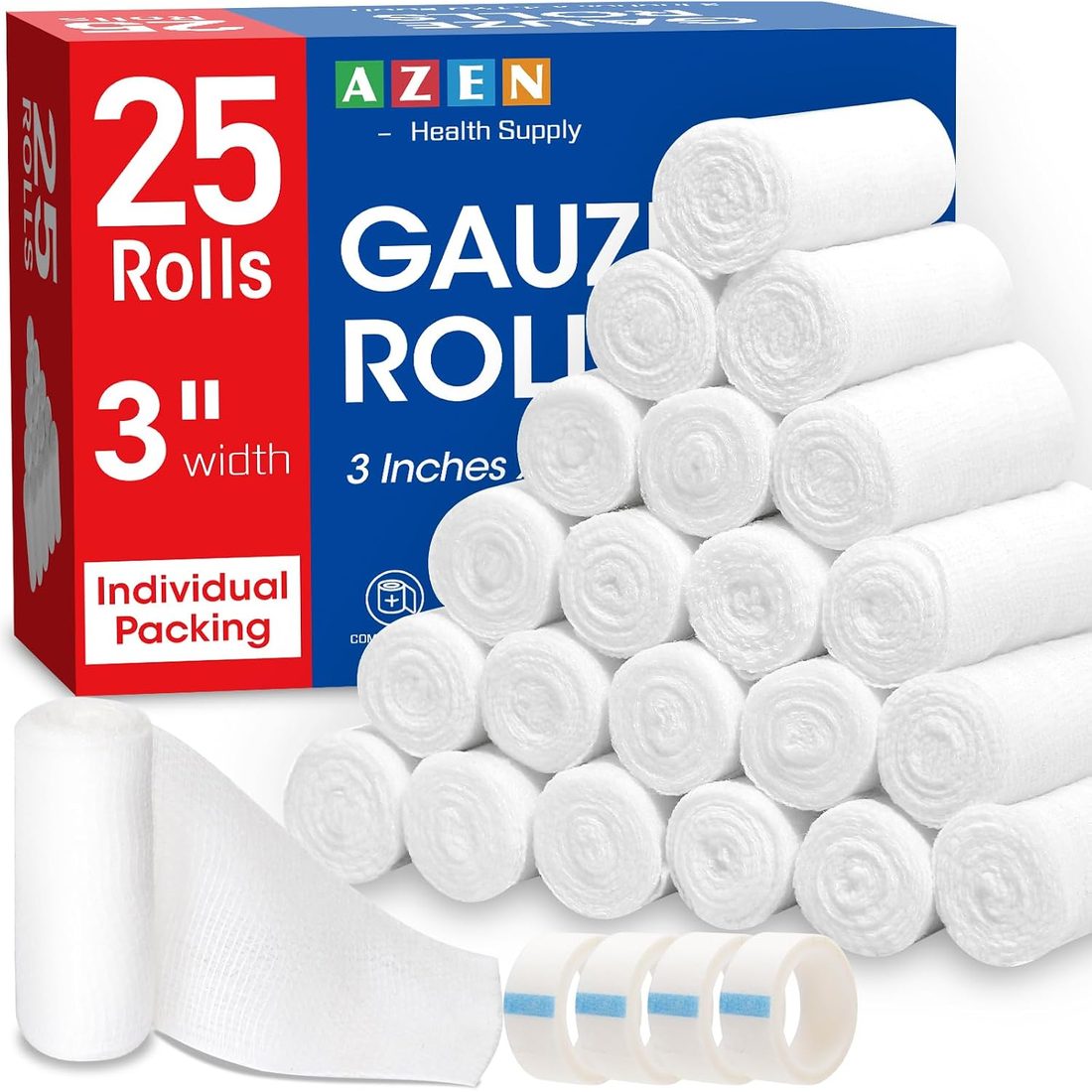 AZEN Gauze Bandage Rolls, 3 in · 25 Pack