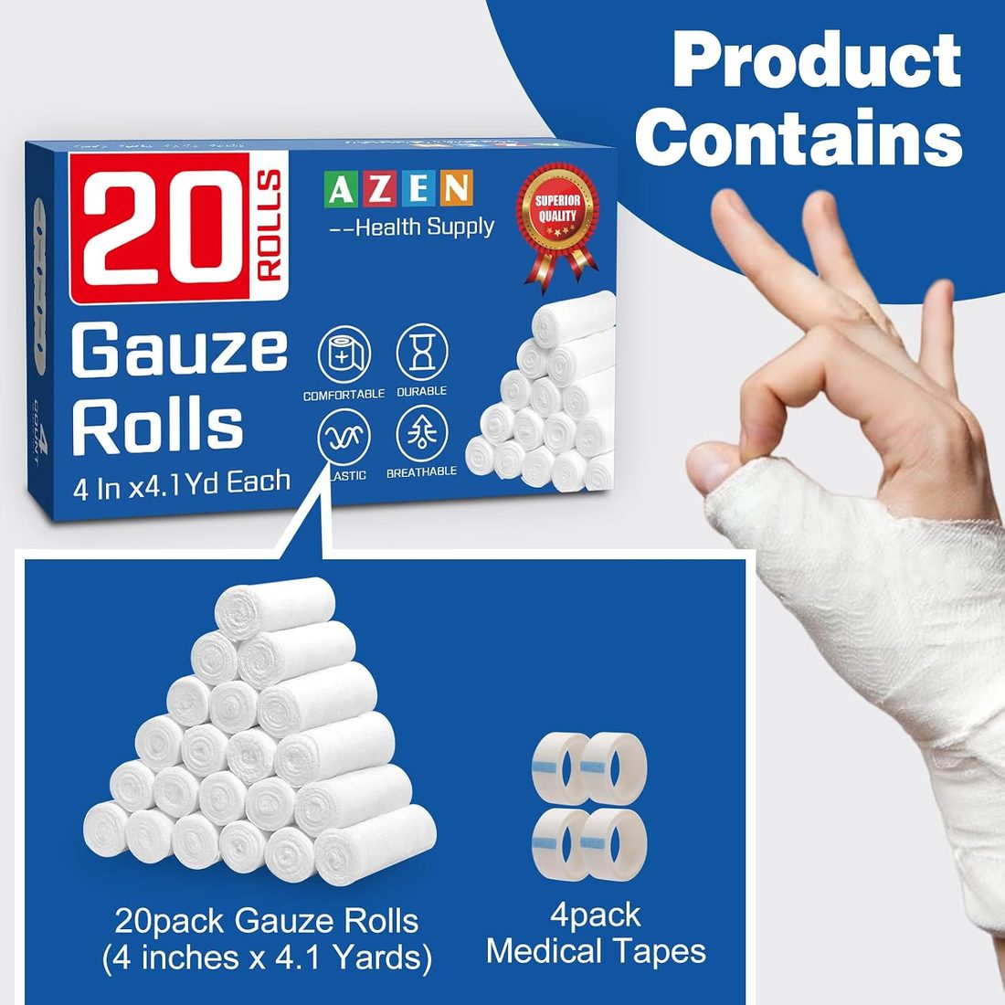 AZEN Gauze Bandage Rolls, 4 in · 20 Pack with Tape, view 2