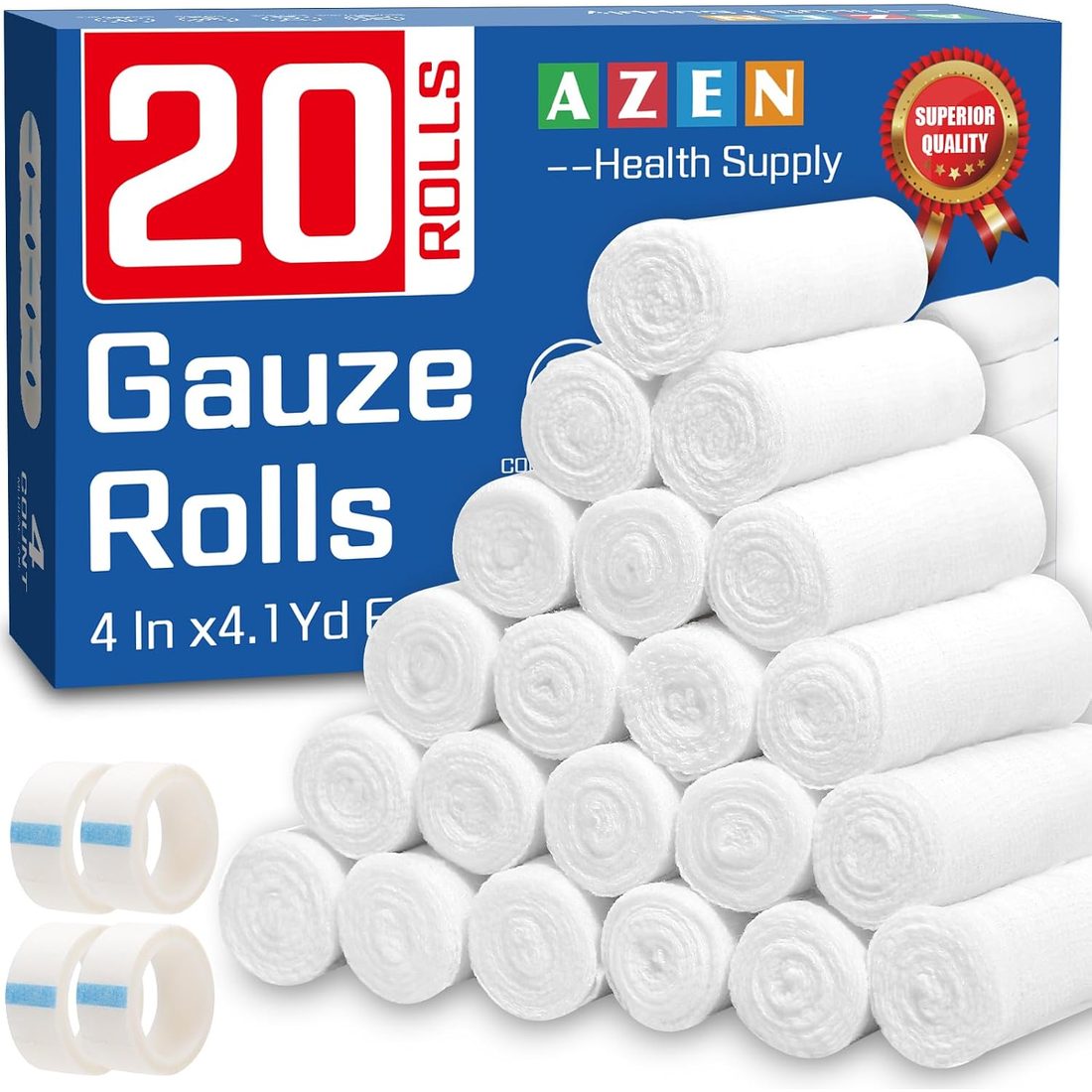 AZEN Gauze Bandage Rolls, 4 in · 20 Pack with Tape