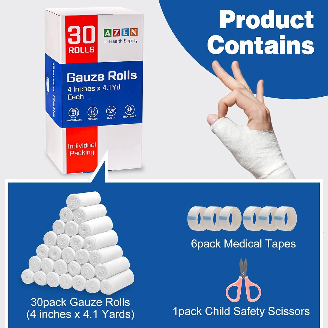 AZEN Gauze Bandage Rolls, 4 in × 4.1 yd · 30 Pack, view 2