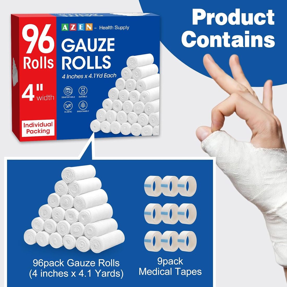 AZEN Gauze Bandage Rolls, 4 in · 96 Pack, view 2