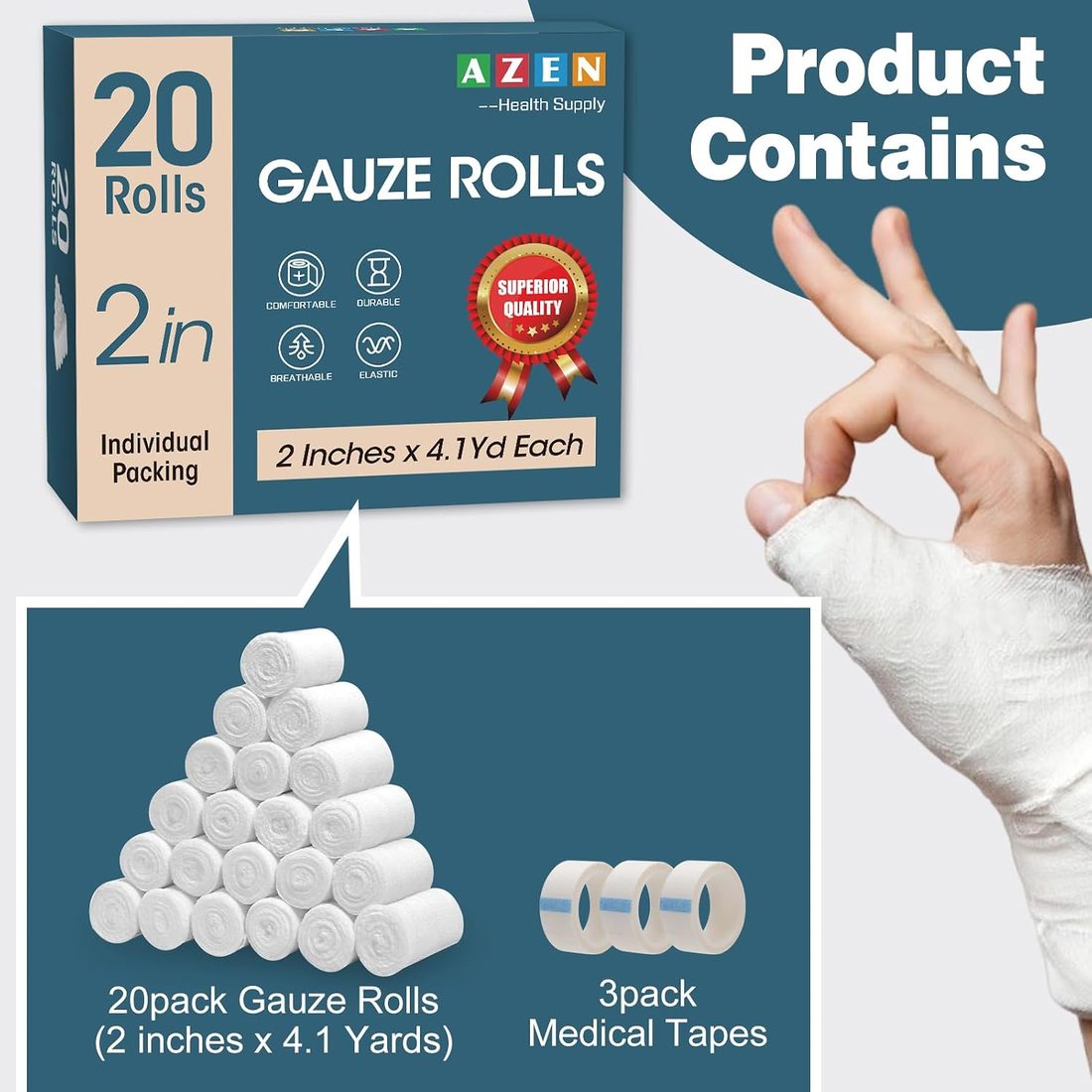 AZEN Gauze Roll Bandages, 2 in · 20 Pack with Tape, view 2