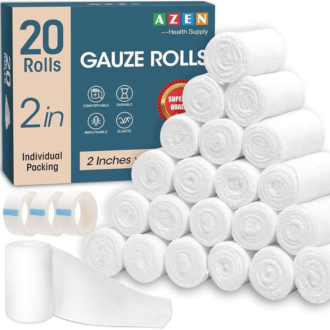 AZEN Gauze Roll Bandages, 2 in · 20 Pack with Tape