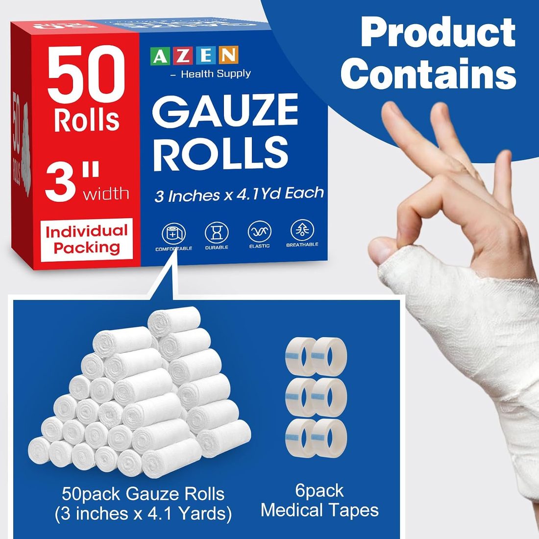 AZEN Gauze Roll Bandages, 3 in · 50 Pack with Tape, view 2
