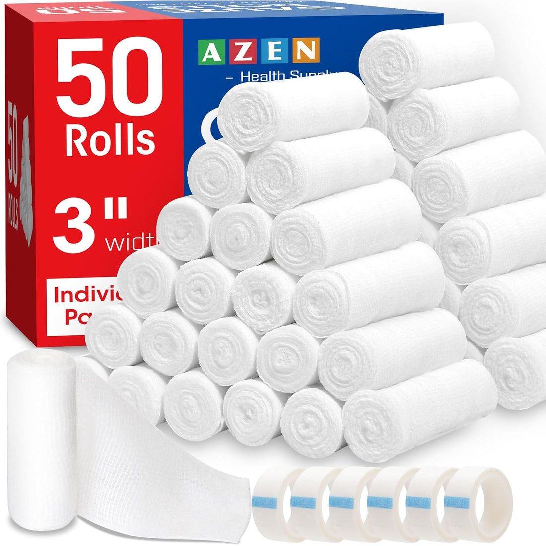 AZEN Gauze Roll Bandages, 3 in · 50 Pack with Tape