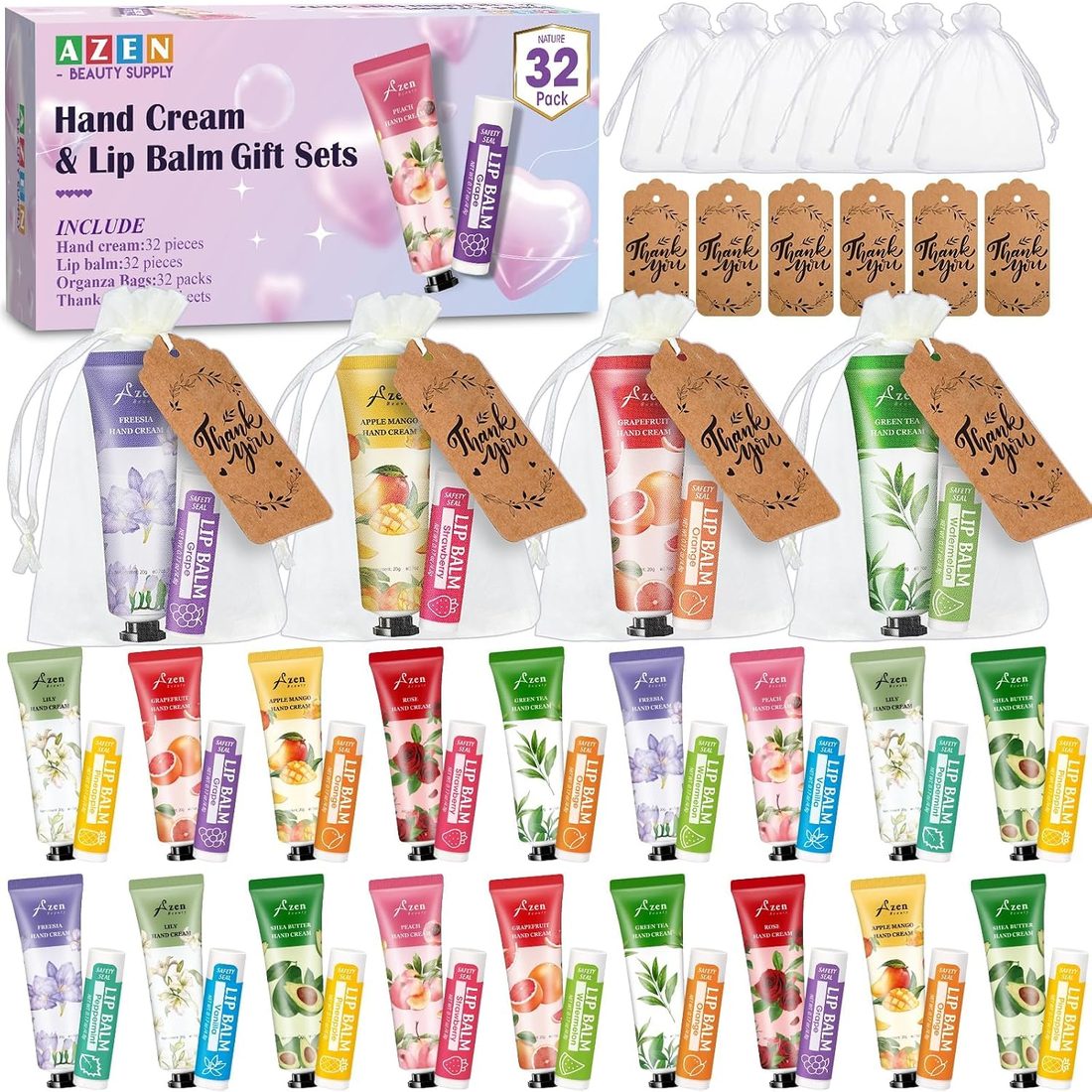 AZEN Hand Cream & Lip Balm Gift Set, 32 Sets