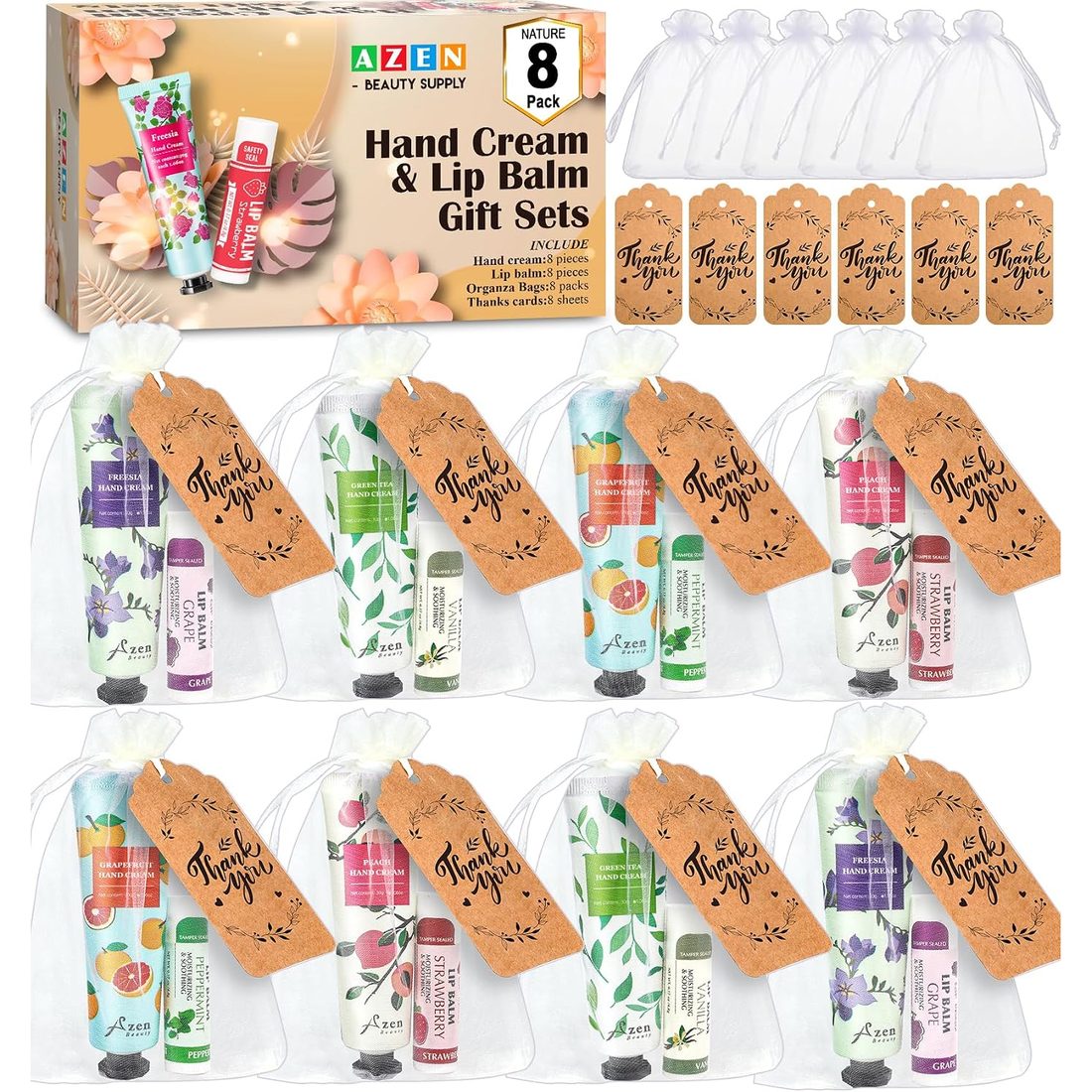 AZEN Hand Cream & Lip Balm Gift Set, 8 Sets