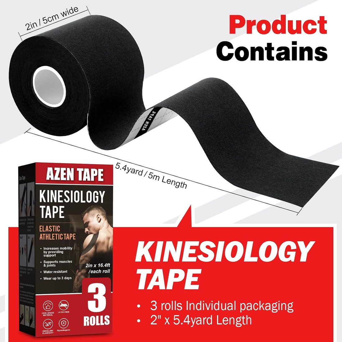 AZEN Kinesiology Tape, 16.4 ft · 3 Rolls, Black, view 2