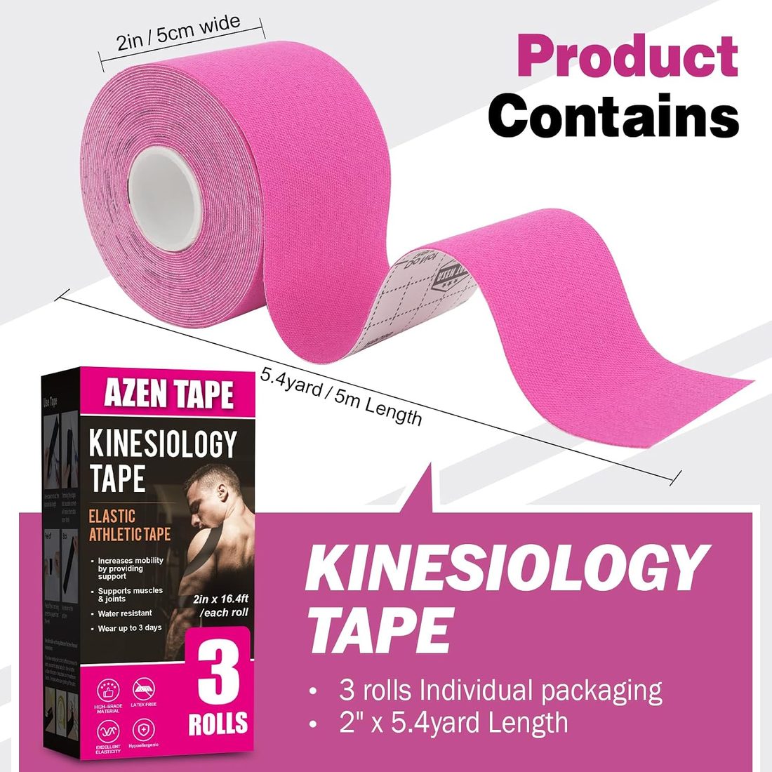 AZEN Kinesiology Tape, Uncut 16.4 ft · 3 Rolls · Pink, view 2