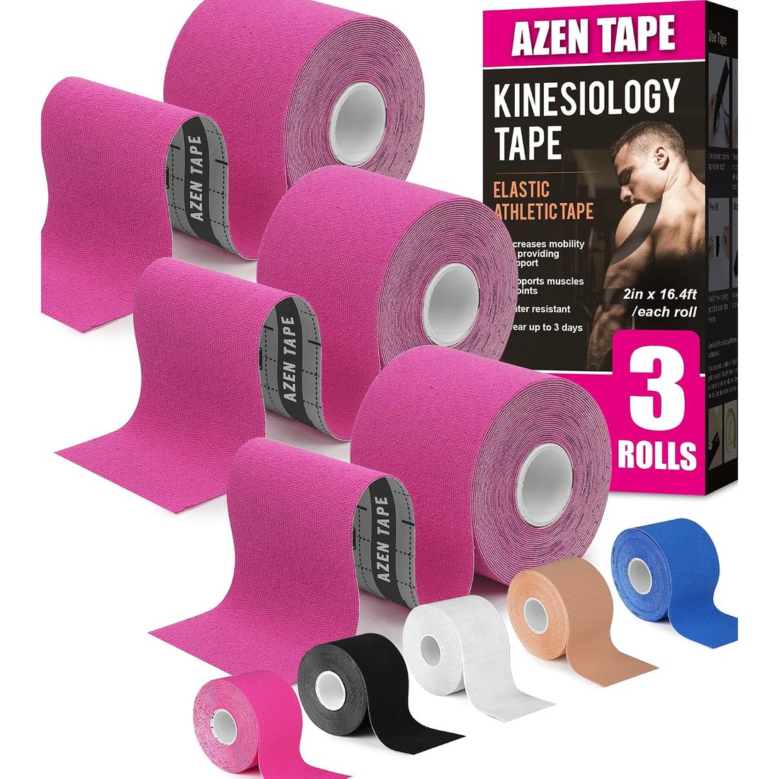 AZEN Kinesiology Tape, Uncut 16.4 ft · 3 Rolls · Pink