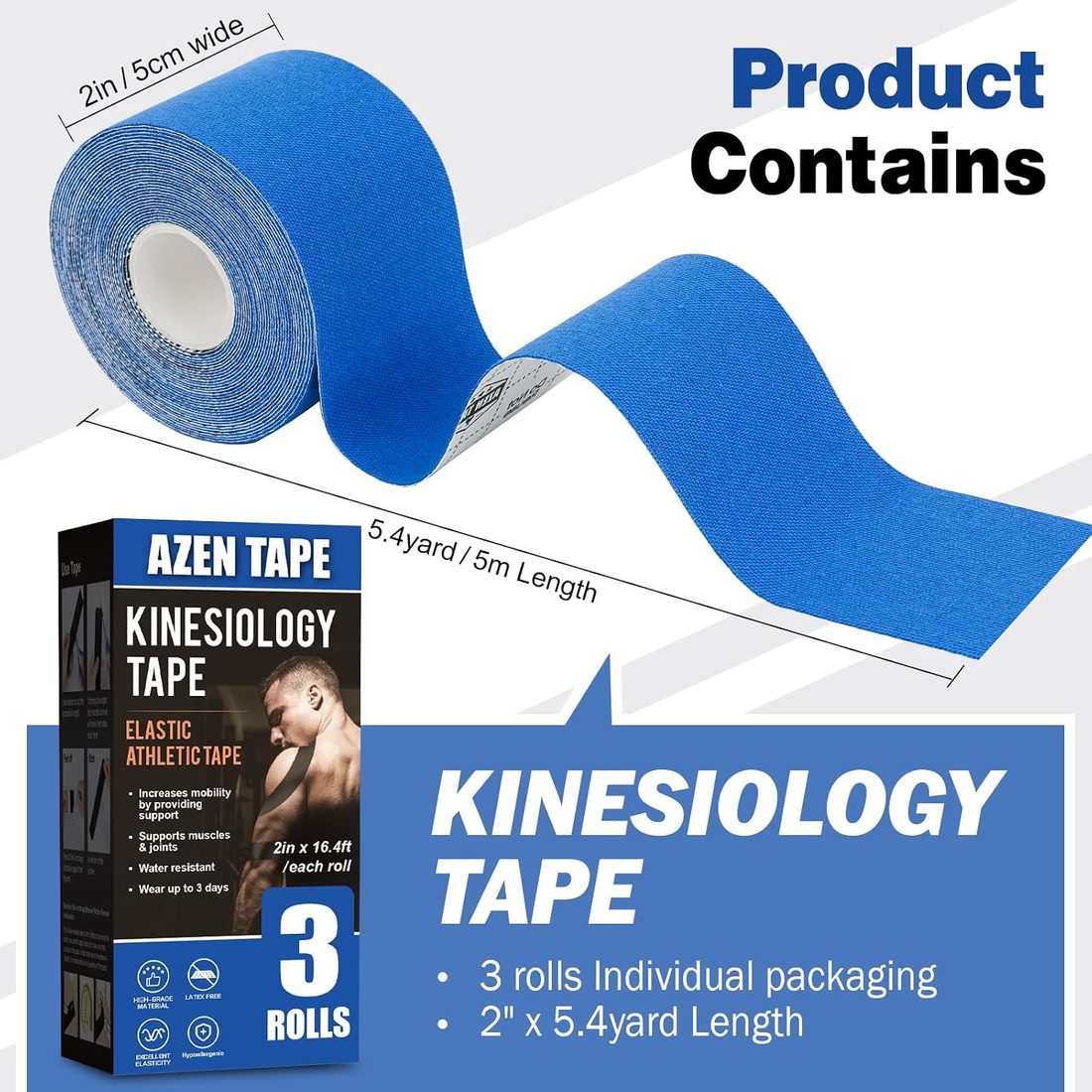 AZEN Kinesiology Tape, Uncut · Blue · 3 Rolls, view 2