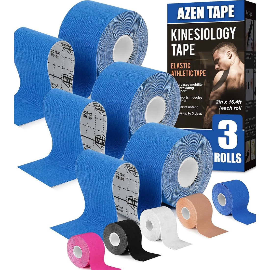 AZEN Kinesiology Tape, Uncut · Blue · 3 Rolls