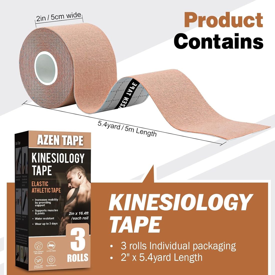 AZEN Kinesiology Tape, Skin Tone · 3 Rolls, view 2