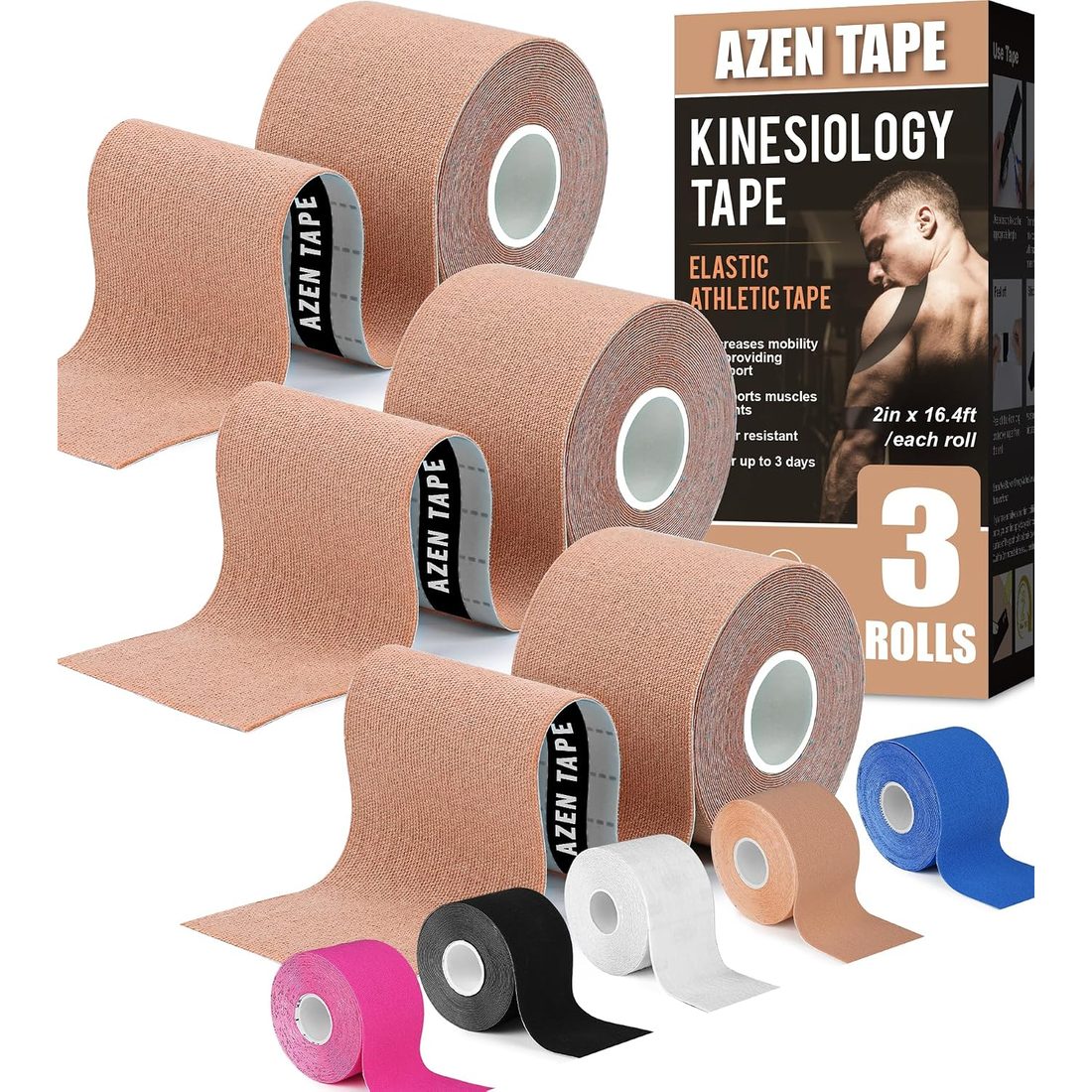 AZEN Kinesiology Tape, Skin Tone · 3 Rolls