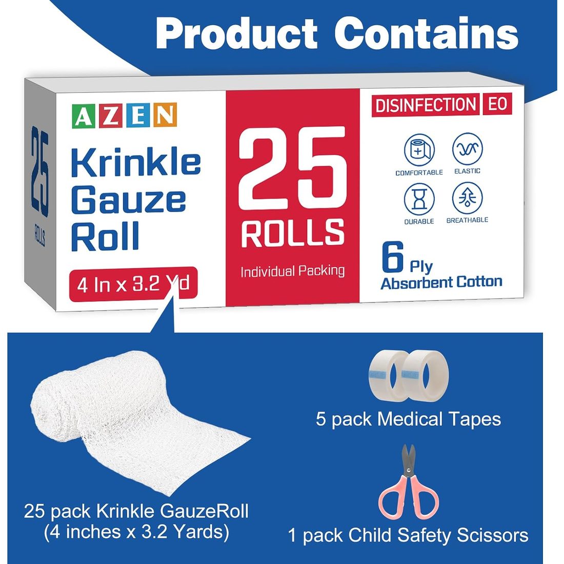 AZEN Krinkle Gauze Rolls, 4 in · 25 Pack, 6-Ply Cotton, view 3