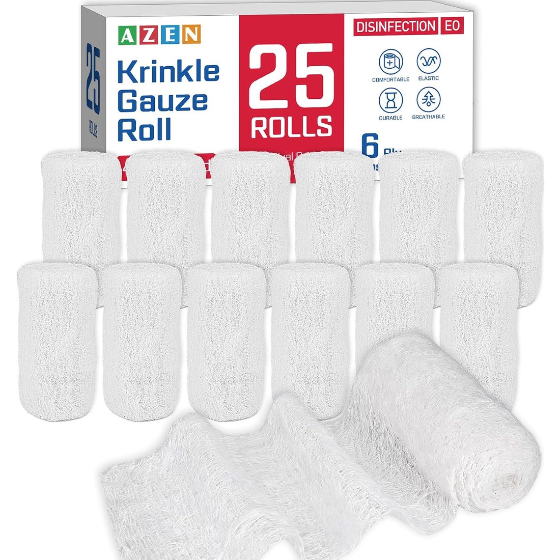 AZEN Krinkle Gauze Rolls, 4 in · 25 Pack, 6-Ply Cotton