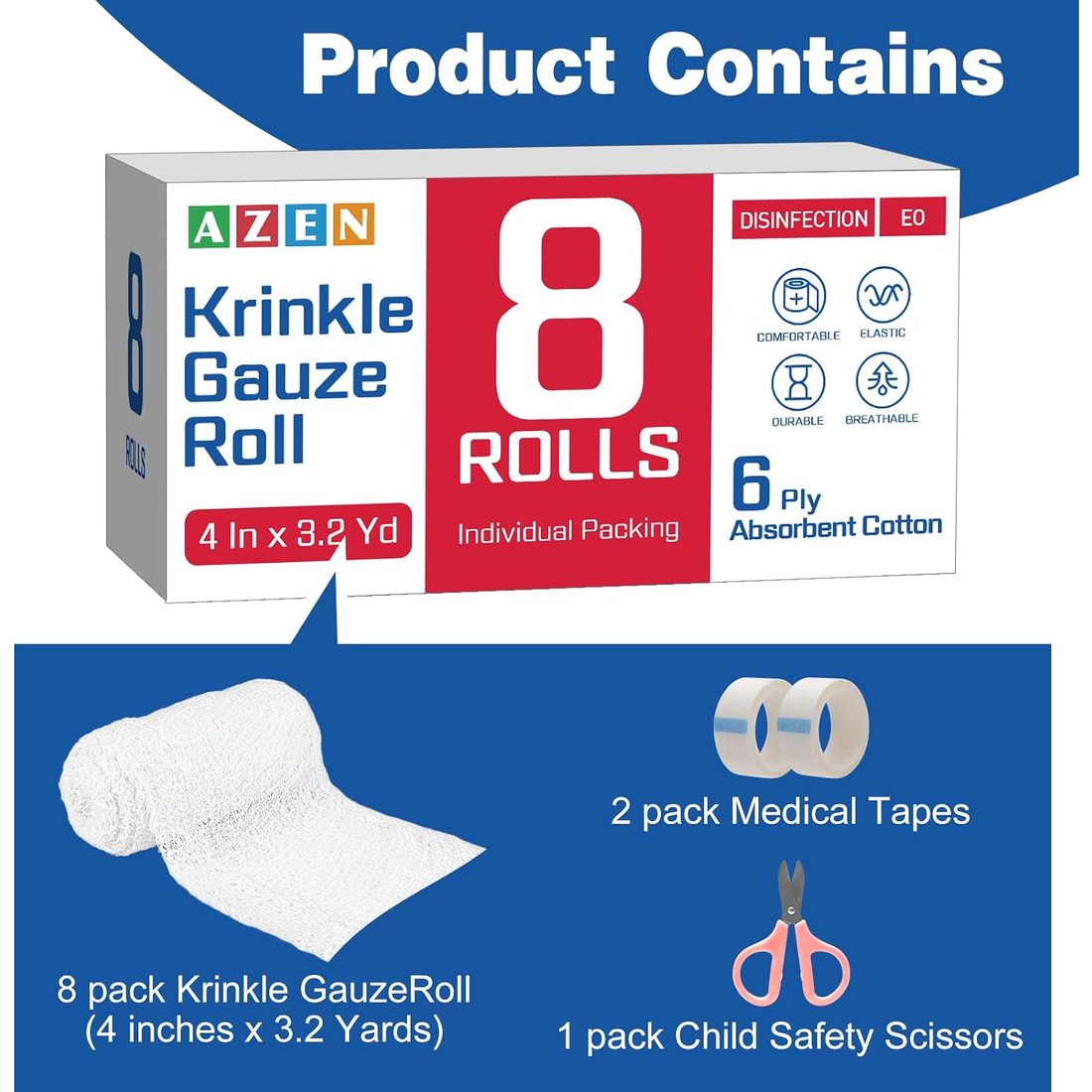 AZEN Krinkle Gauze Rolls, 6-Ply Cotton, 4 in · 8 Pack, view 3
