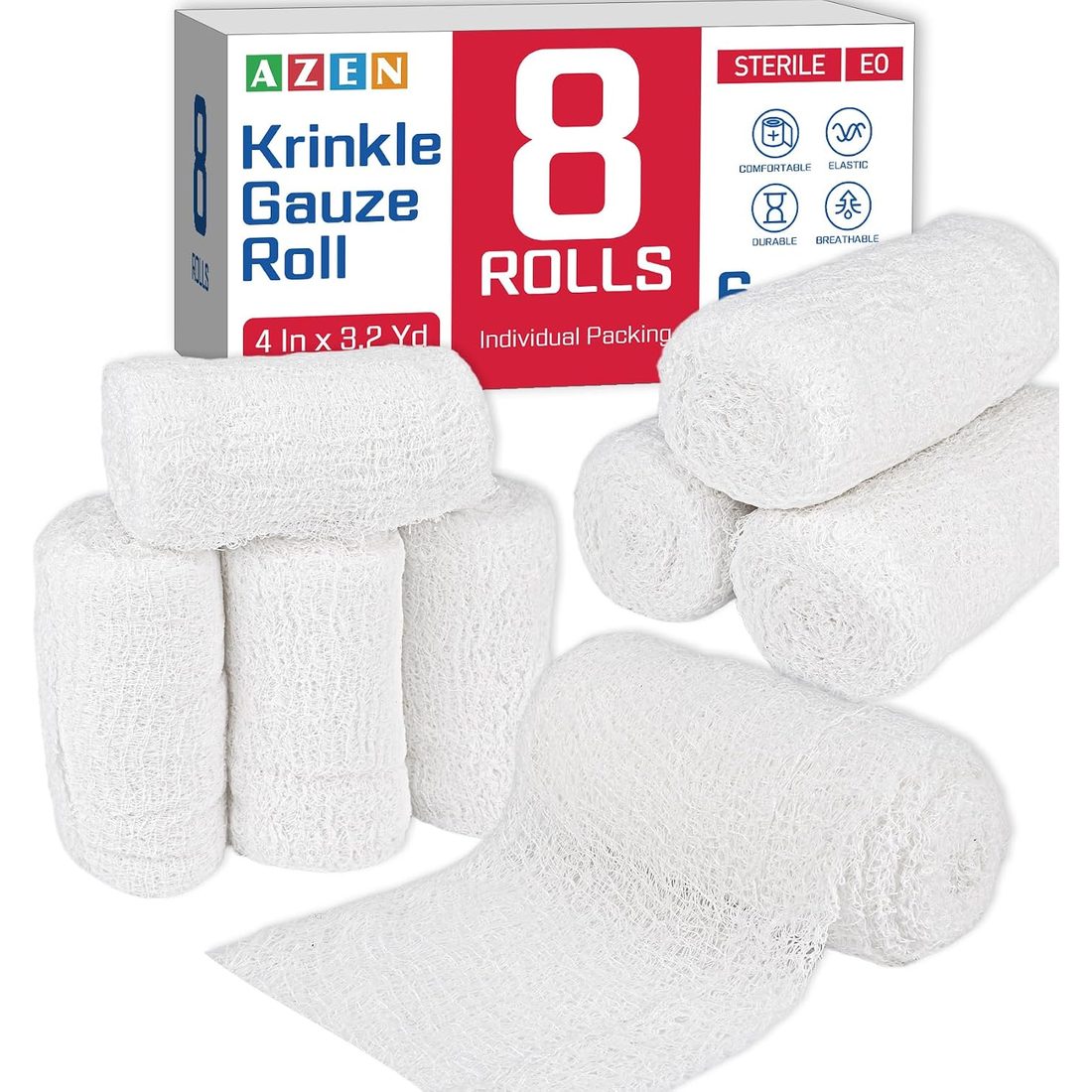 AZEN Krinkle Gauze Rolls, 6-Ply Cotton, 4 in · 8 Pack