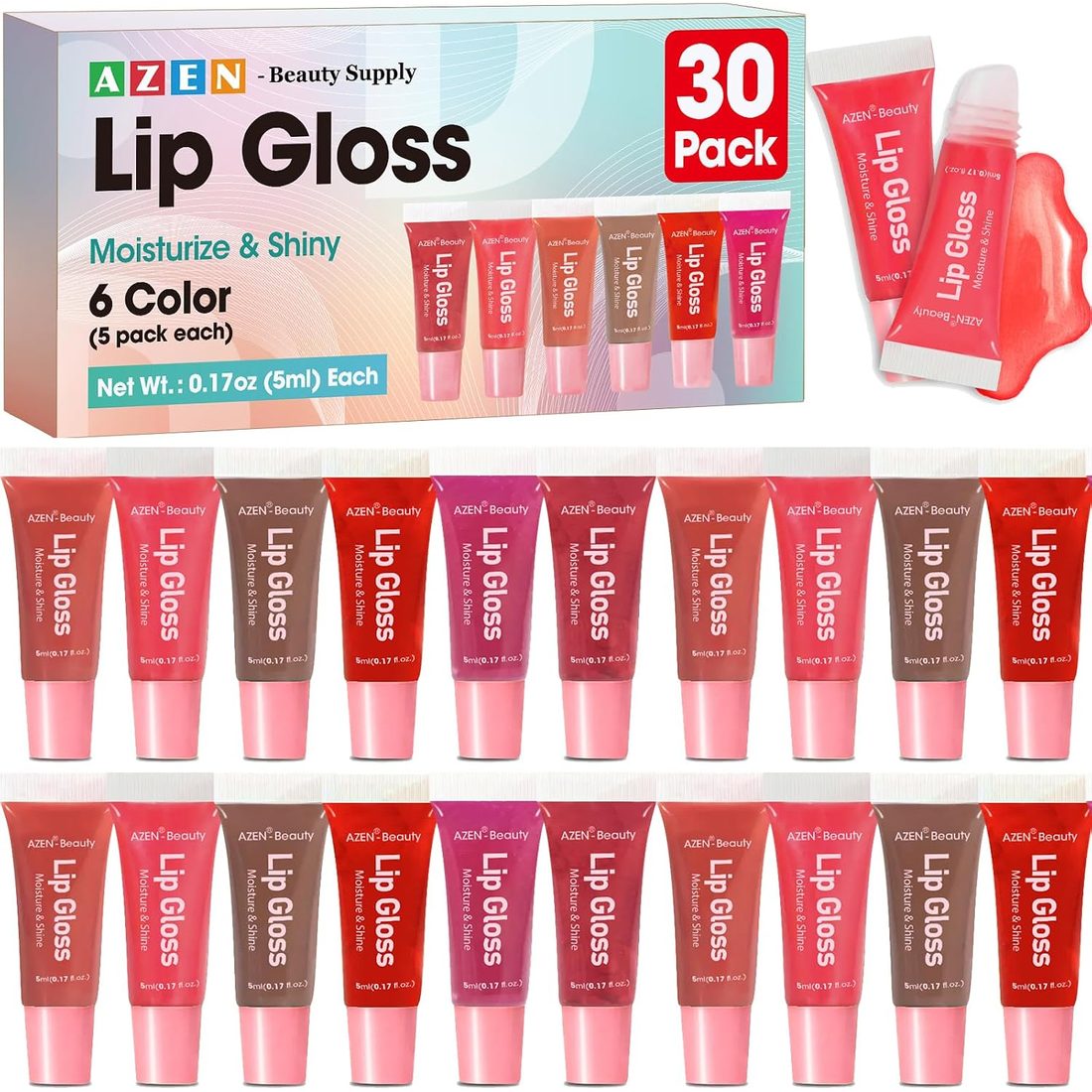 AZEN Lip Gloss Set, 30 Pack, Pink Shades